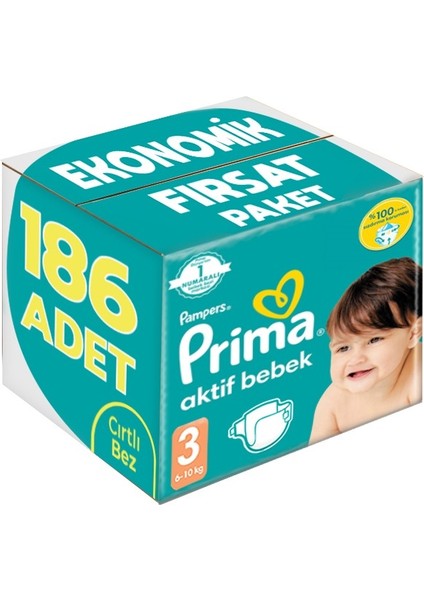 Bebek Bezi Beden:3 (6-10KG) Midi 186 Adet Ekonomik Fırsat Pk