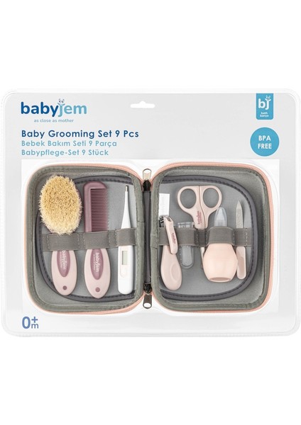 Babyjem 9 Parça Bebek Bakım Seti – Hijyenik Plastik ve Doğal Kıl, Pembe, Kompakt Taşıma Çantalı Pratik Tasarım