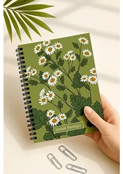 Günlük Planlayıcı A5 Defter, Notlar, Yapılacaklar, Esnek Karton Kapaklı, 100 Günlük, Yeşil Papatya
