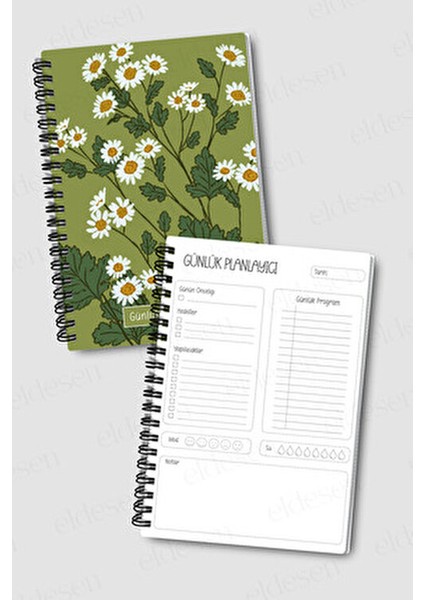 Günlük Planlayıcı A5 Defter, Notlar, Yapılacaklar, Esnek Karton Kapaklı, 100 Günlük, Yeşil Papatya