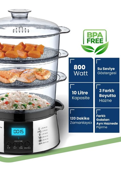 Cookfit Dijital 3 Katlı Paslanmaz Çelik Buharlı Pişirici 10 L – 700-800W Yüksek Performans