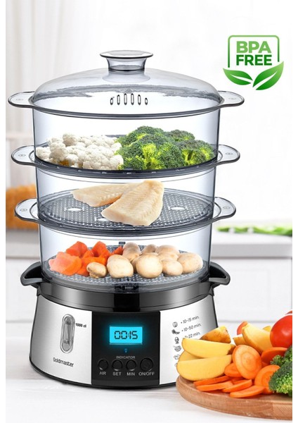 Cookfit Dijital 3 Katlı Paslanmaz Çelik Buharlı Pişirici 10 L – 700-800W Yüksek Performans