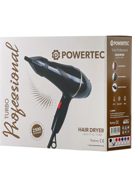 TR-501 Profesyonel 2500 W Fön Makinesi – 2 Kademeli Hız, Ergonomik Tasarım, Kuaför ve Ev Kullanımına Uygun