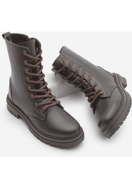 Kadın Postal Bot Fermuarlı Bağcıklı Tırtıklı Taban Celare Kahve