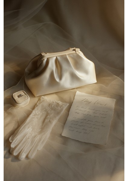 Krem Kadın Saten Clutch Abiye Çanta