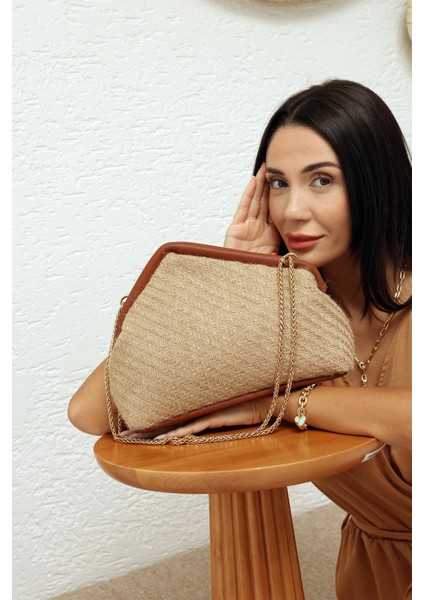 Taba Kadın Jüt Hasır Zincirli Omuz Çantası