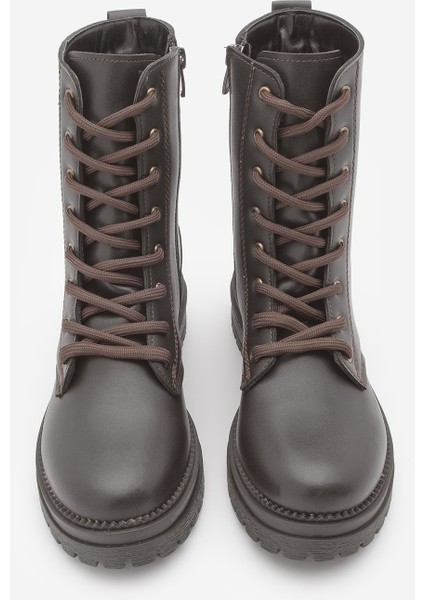 Kadın Postal Bot Fermuarlı Bağcıklı Tırtıklı Taban Celare Kahve