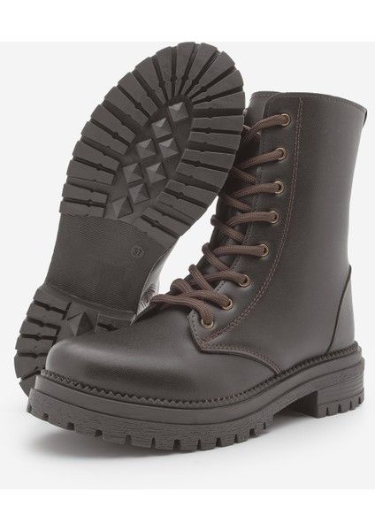 Kadın Postal Bot Fermuarlı Bağcıklı Tırtıklı Taban Celare Kahve
