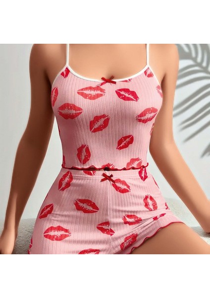 Mdb Mdbshop Pamuklu Kiss Öpücük Desen Pembe Şortlu Pijama Takımı