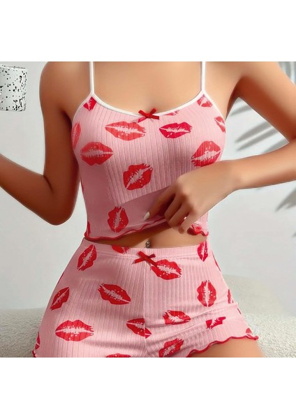 Mdb Mdbshop Pamuklu Kiss Öpücük Desen Pembe Şortlu Pijama Takımı fiyatları
