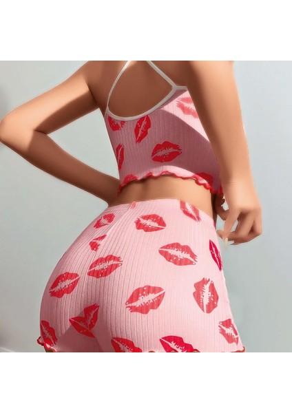 Mdb Mdbshop Pamuklu Kiss Öpücük Desen Pembe Şortlu Pijama Takımı modelleri
