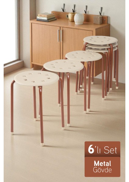 Otto Metal Gövdeli Modern Tabure Mutfak Bahçe Taburesi - 6 Adet Krem