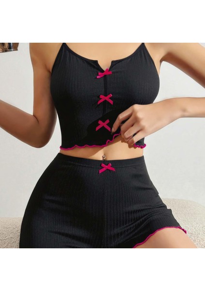 Mdb Mdbshop Pamuklu Siyah Üstüne Pembe Kurdelalı Fitilli Askılı Şortlu Pijama Takımı
