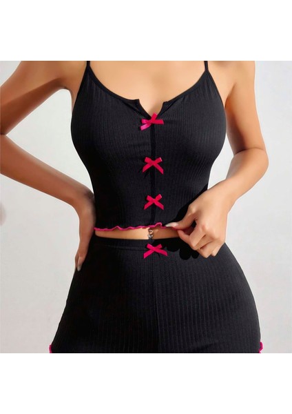 Mdb Mdbshop Pamuklu Siyah Üstüne Pembe Kurdelalı Fitilli Askılı Şortlu Pijama Takımı fiyatları