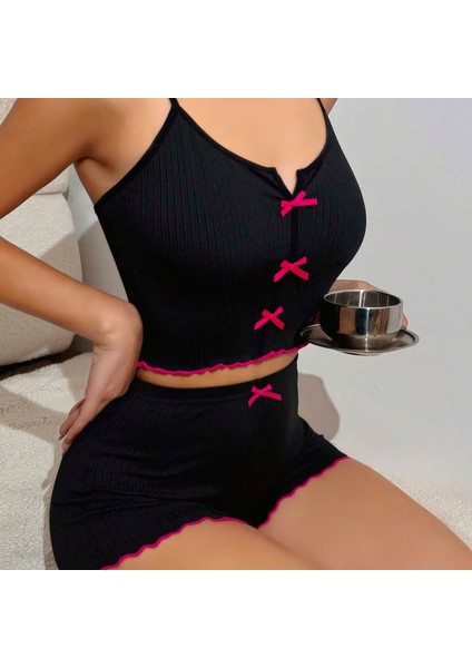 Mdb Mdbshop Pamuklu Siyah Üstüne Pembe Kurdelalı Fitilli Askılı Şortlu Pijama Takımı modelleri