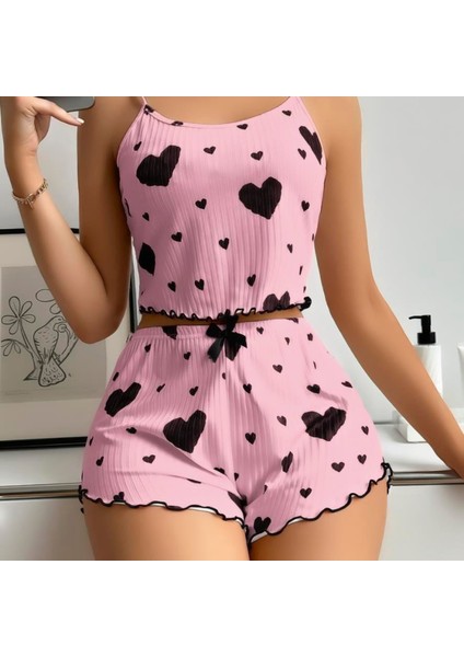 Mdb Mdbshop Pamuklu Pembe Üstüne Siyah Kalp Desenli Askılı Fitilli Şortlu Pijama Takımı