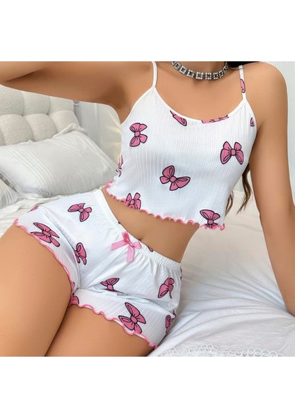 Mdb Mdbshop Pamuklu Beyaz Üstüne Pembe Kurdela Desenli Fitilli Askılı Şortlu Pijama Takımı