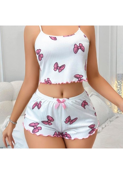 Mdb Mdbshop Pamuklu Beyaz Üstüne Pembe Kurdela Desenli Fitilli Askılı Şortlu Pijama Takımı fiyatları