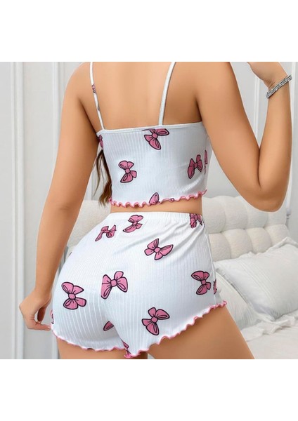 Mdb Mdbshop Pamuklu Beyaz Üstüne Pembe Kurdela Desenli Fitilli Askılı Şortlu Pijama Takımı modelleri