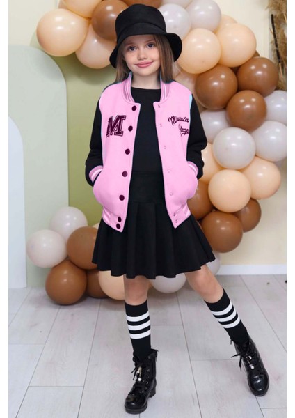 Kız Çocuk Düğme Detaylı Pamuklu Pembe Kolej Ceket Kadife Etekli Takım