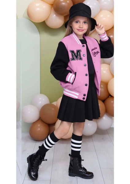 Kız Çocuk Düğme Detaylı Pamuklu Pembe Kolej Ceket Kadife Etekli Takım modelleri