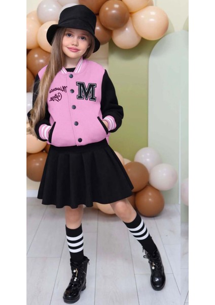 Kız Çocuk Düğme Detaylı Pamuklu Pembe Kolej Ceket Kadife Etekli Takım fırsatları