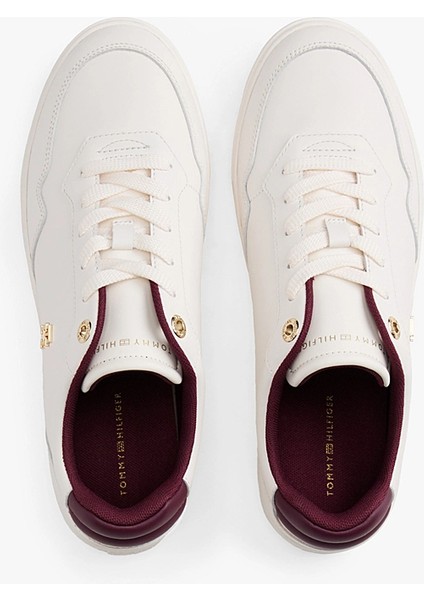 Kadın Th Monogram Plaque Court Sneakers - Beyaz/bordo indirimleri