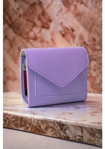 Kadın Yumuşak Derili Çıtçıtlı ve Fermuarlı Şık Lila Cüzdan Kartlık Aksesuar