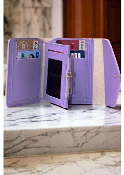 Kadın Yumuşak Derili Çıtçıtlı ve Fermuarlı Şık Lila Cüzdan Kartlık Aksesuar modelleri