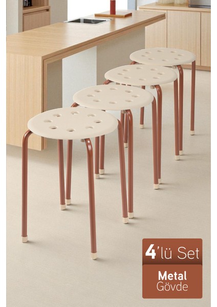 Otto Metal Gövdeli Modern Tabure Mutfak Bahçe Taburesi - 4 Adet Krem