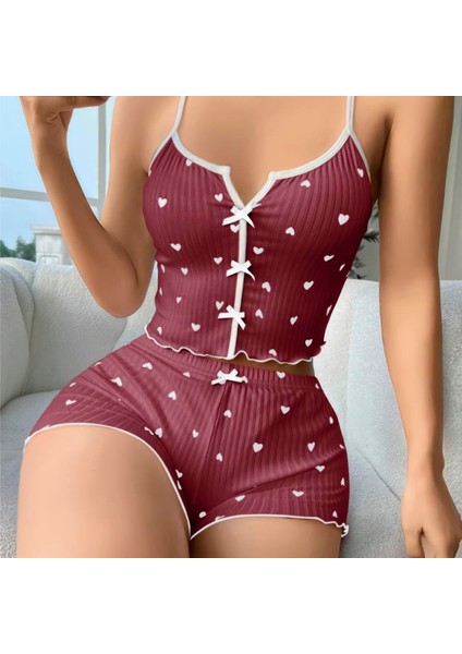 Mdb Mdbshop Pamuklu Kahverengi Üstüne Beyaz Kalp Desen Fitilli Askılı Şortlu Pijama Takımı