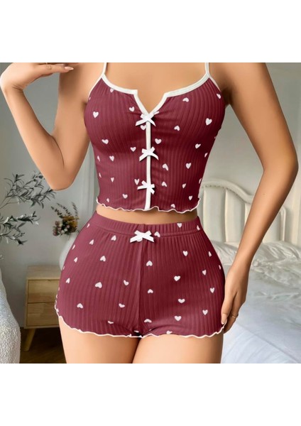 Mdb Mdbshop Pamuklu Kahverengi Üstüne Beyaz Kalp Desen Fitilli Askılı Şortlu Pijama Takımı fiyatları