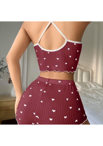 Mdb Mdbshop Pamuklu Kahverengi Üstüne Beyaz Kalp Desen Fitilli Askılı Şortlu Pijama Takımı modelleri