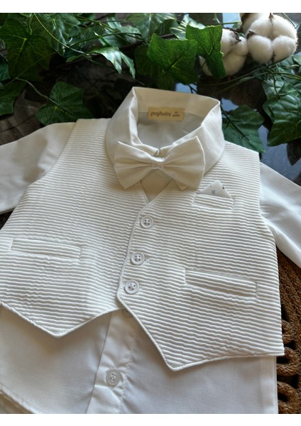 Klasik Gofreli Yelekli Papyonlu Mevlid Takımı Krem Erkek Bebek modelleri