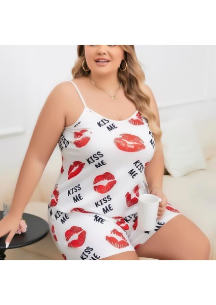 Mdb Mdbshop Büyük Beden Kiss Me Öpücük Desen Pamuklu Şortlu Pijama Takımı