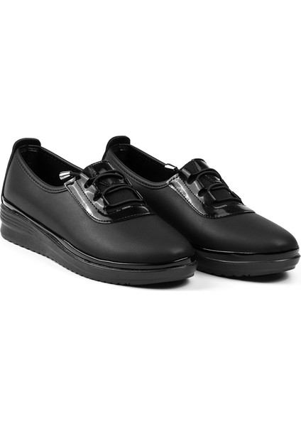 Kadın Siyah Rugan Detaylı Ortopedik Anne Ayakkabısı - Rahat Kaymaz Taban, Bağcıklı Günlük Yürüyüş Ayakkabısı