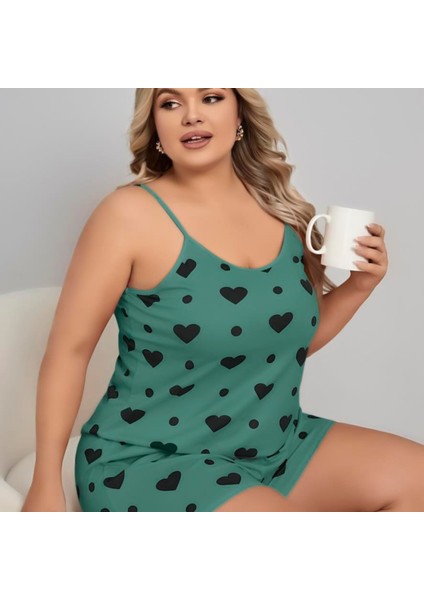 Mdb Mdbshop Büyük Beden Yeşil Kalp Desen Pamuklu Şortlu Pijama Takımı