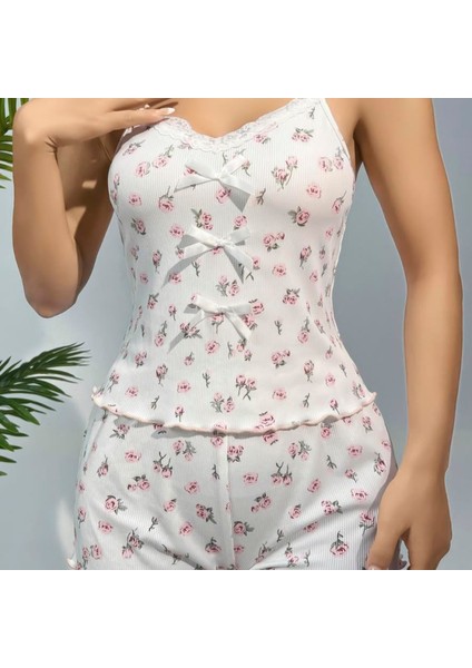 Mdb Mdbshop Pamuklu Beyaz Üstüne Çiçek Desen Fitilli Askılı Şortlu Pijama Takımı