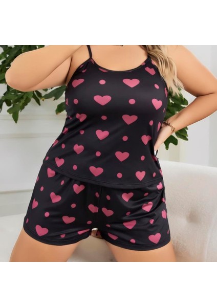 Mdb Mdbshop Büyük Beden Siyah Kalp Desen Ince Askılı Pamuklu Şortlu Pijama Takımı