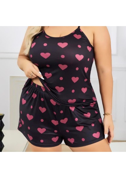 Mdb Mdbshop Büyük Beden Siyah Kalp Desen Ince Askılı Pamuklu Şortlu Pijama Takımı fiyatları
