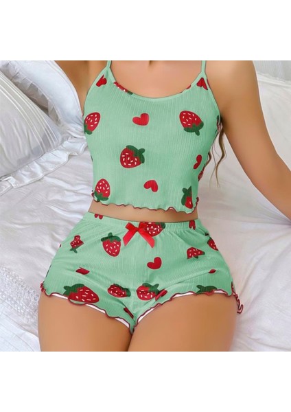 Mdb Mdbshop Pamuklu Yeşil Üstüne Çilek Desen Fitilli Askılı Şortlu Pijama Takımı