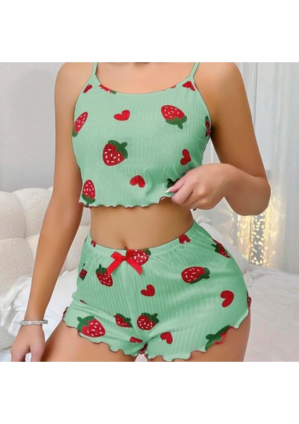 Mdb Mdbshop Pamuklu Yeşil Üstüne Çilek Desen Fitilli Askılı Şortlu Pijama Takımı fiyatları