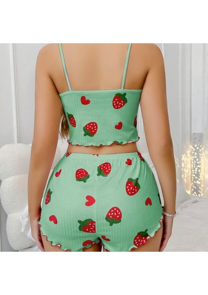 Mdb Mdbshop Pamuklu Yeşil Üstüne Çilek Desen Fitilli Askılı Şortlu Pijama Takımı modelleri