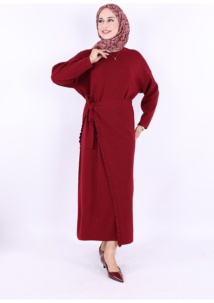 17031 Pelerinli Bağlamalı Triko Elbise Bordo
