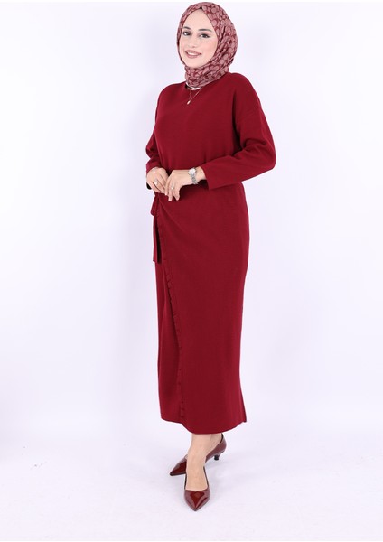 17031 Pelerinli Bağlamalı Triko Elbise Bordo modelleri