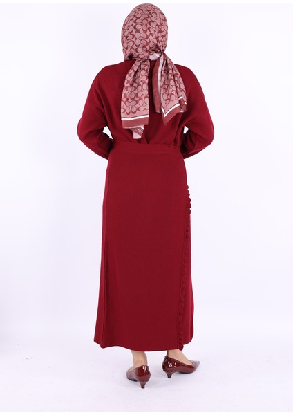 17031 Pelerinli Bağlamalı Triko Elbise Bordo fırsatları