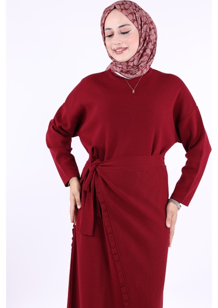 17031 Pelerinli Bağlamalı Triko Elbise Bordo indirimleri