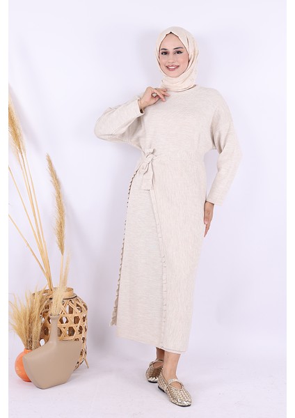 17031 Pelerinli Bağlamalı Triko Elbise Taş