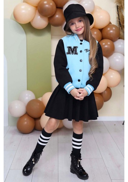 Kız Çocuk Düğme Detaylı Pamuklu Mavi Kolej Ceket Kadife Etekli Takım