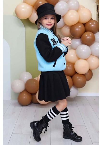 Kız Çocuk Düğme Detaylı Pamuklu Mavi Kolej Ceket Kadife Etekli Takım fiyatları